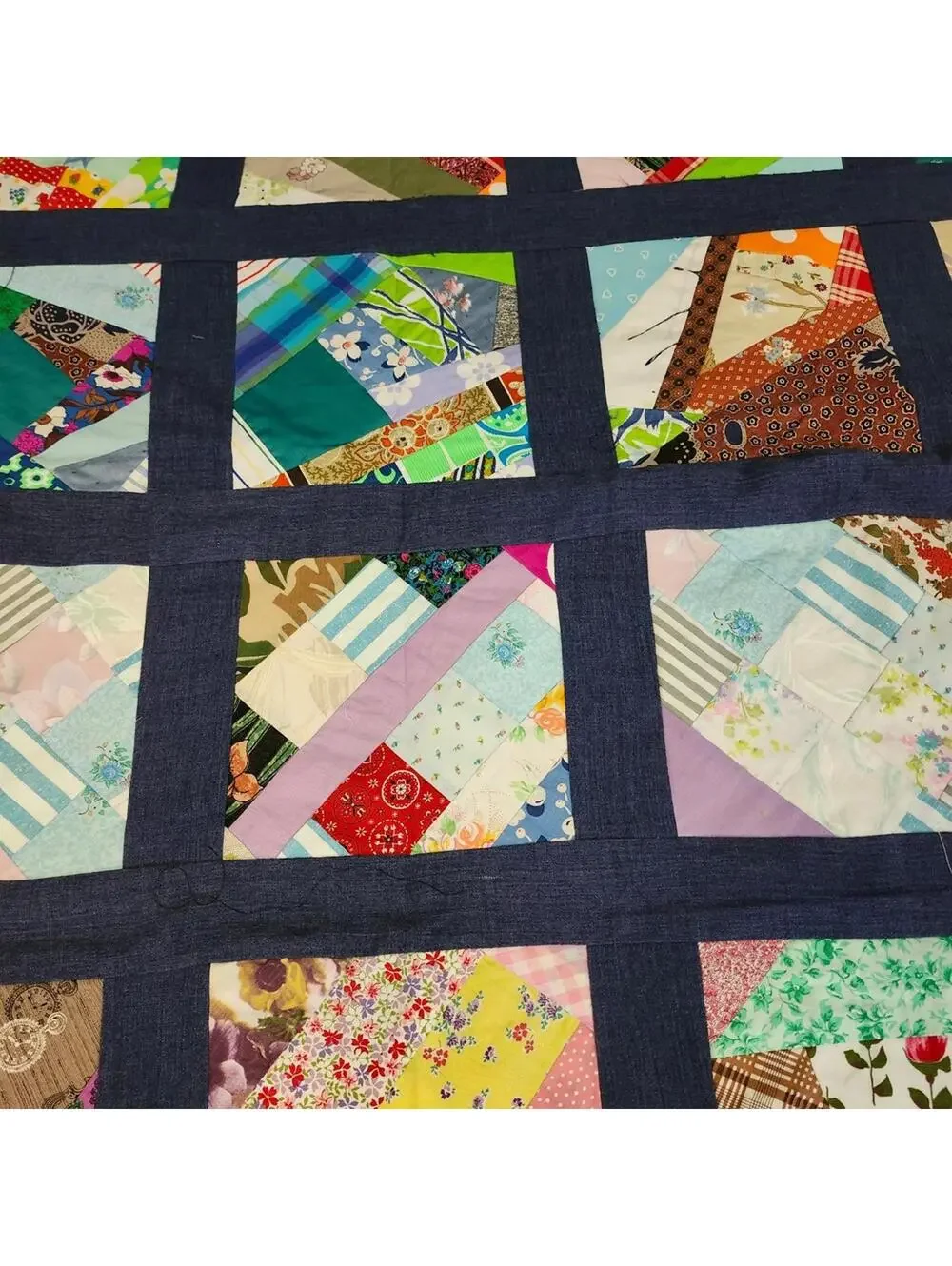 Colorful Handmade Patchwork Quilt Top PROJECT Finish Denim Borders 86x78 inches